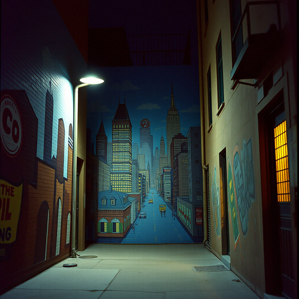 Dramatic City Mural in Alleyway: Cinematic Film Still