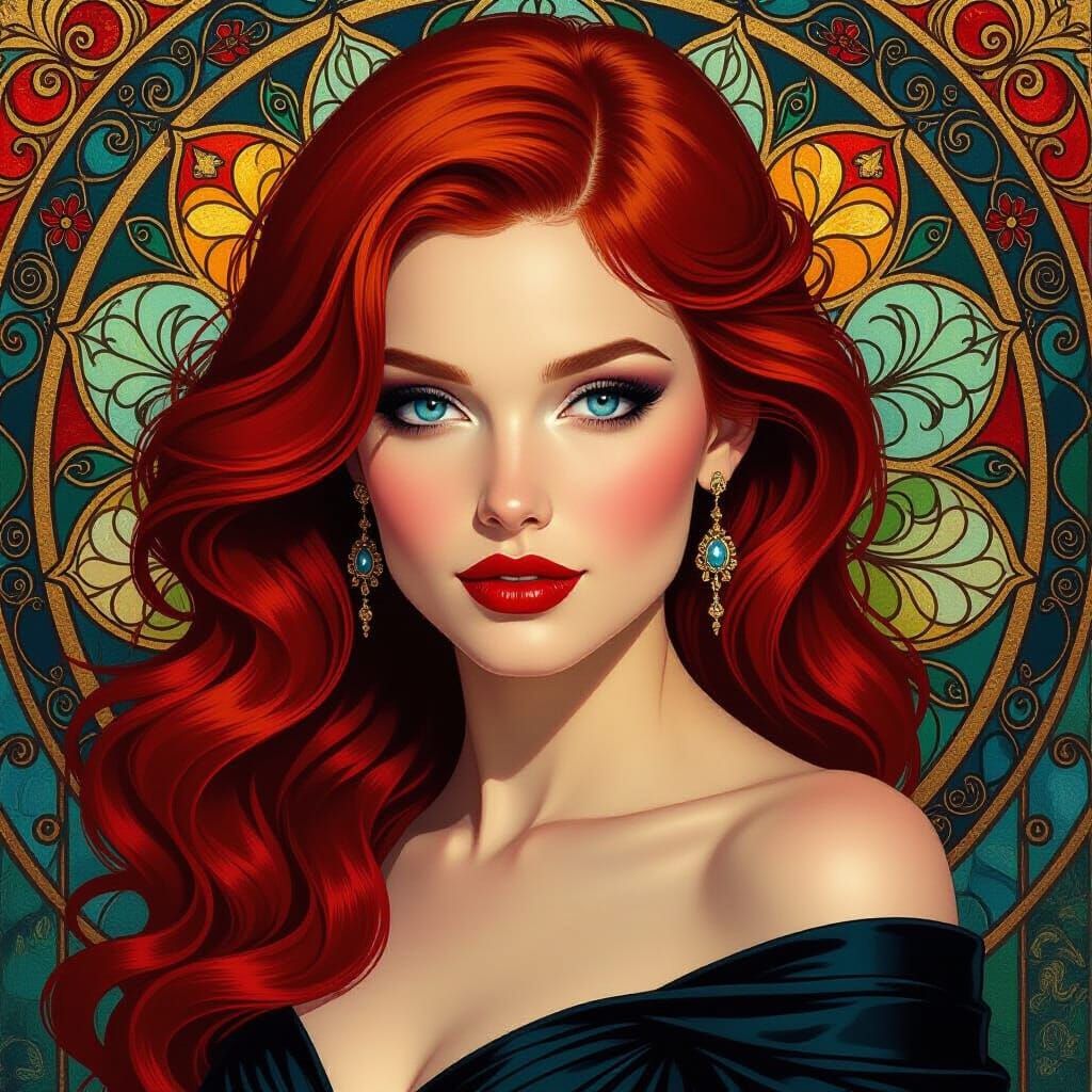 Dramatic Portrait of Woman with Blue Eyes in Art Nouveau Sty...