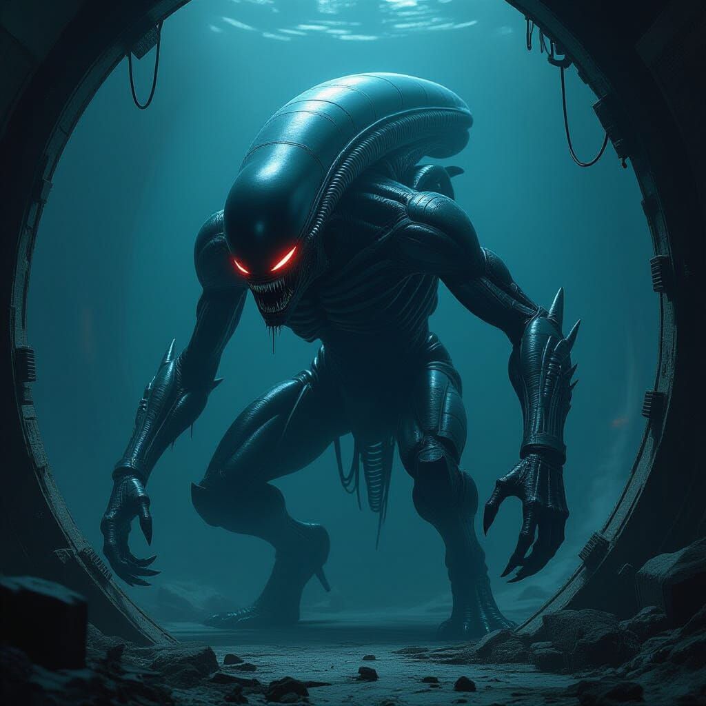 Menacing Alien in Retro Sci-Fi Horror Style