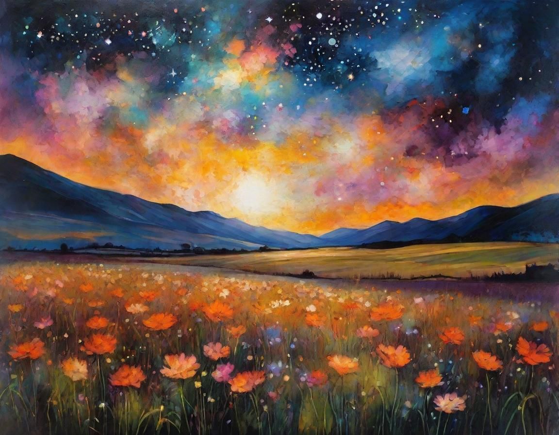 Glowing Flowers Under Starry Sky as Impasto Oil Painting