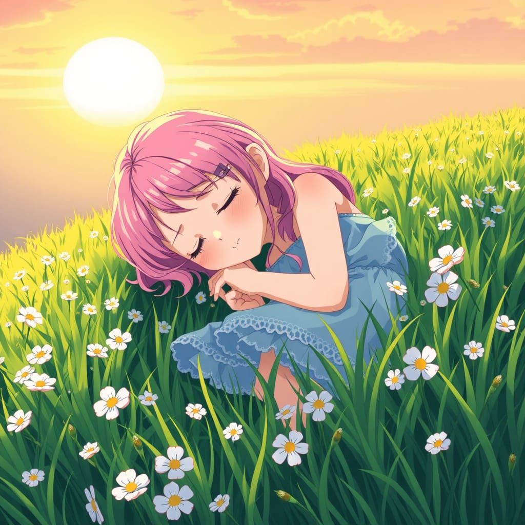Aurora Asleep on Grassy Hillside, Anime Style