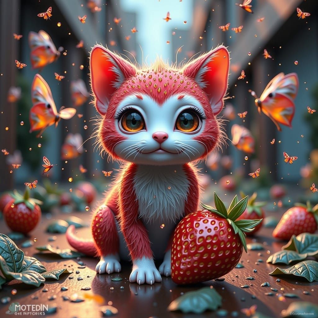 Tiny Strawberry-Kitten Hybrid in Whimsical Digital Art