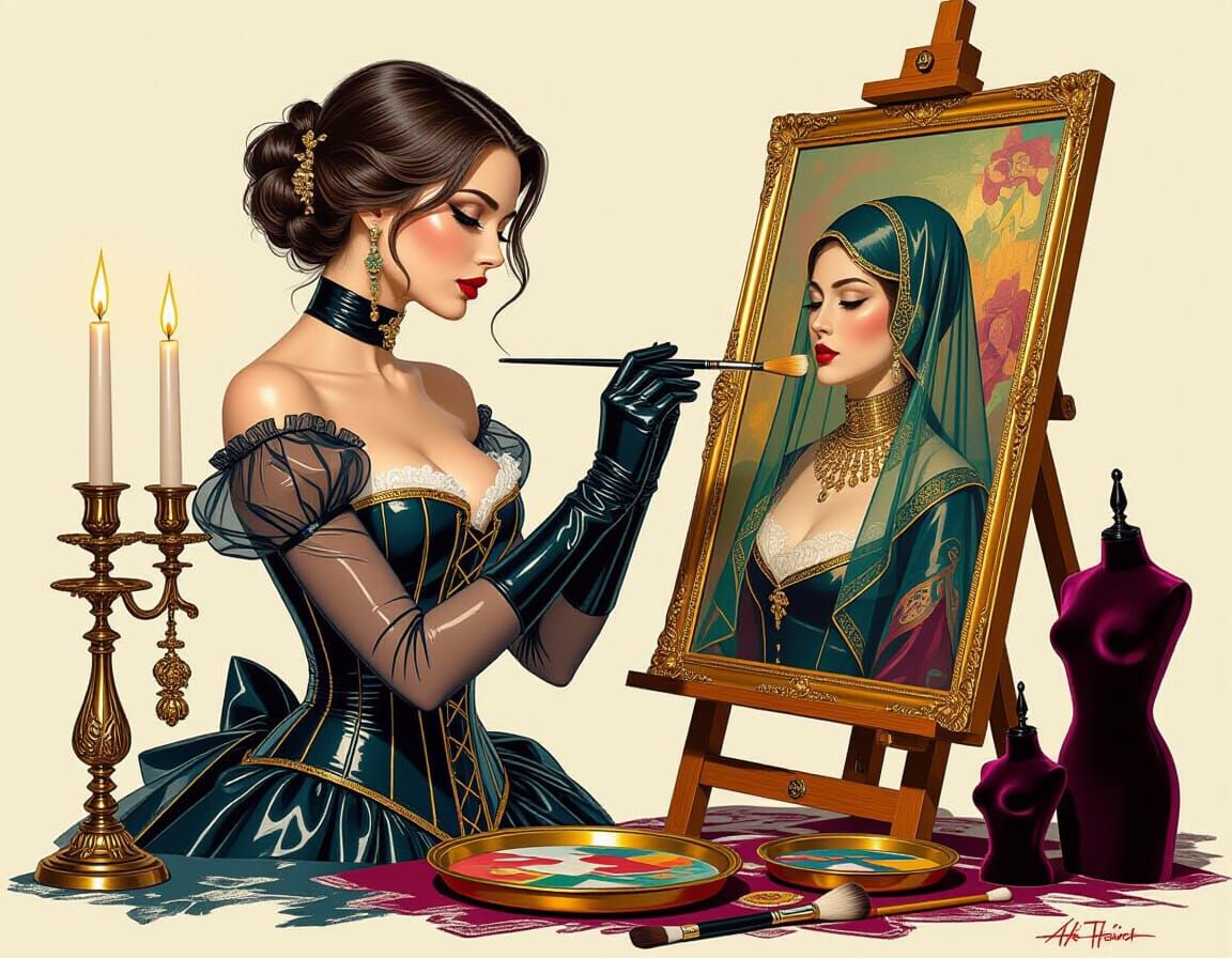 Noble Artist Paints Veiled Servant: Impressionist Style