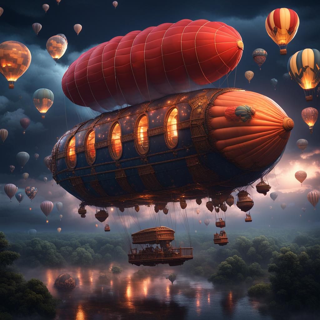 Blimp and Balloons in Night Storm: Matte Painting