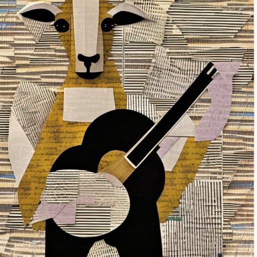 Sheep Plays Guitar in Cut Paper Collage