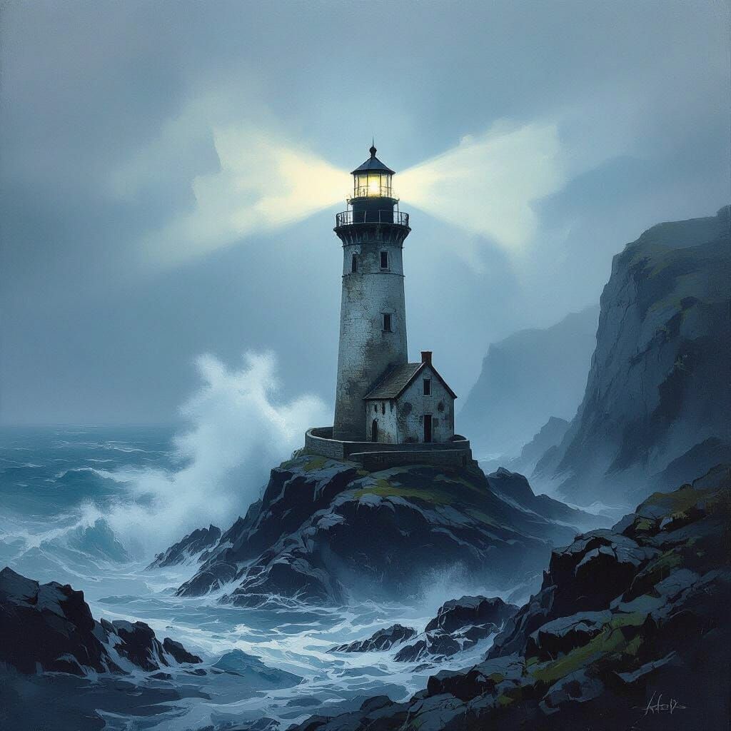 Dramatic Lighthouse in Foggy Storm as Oil Painting