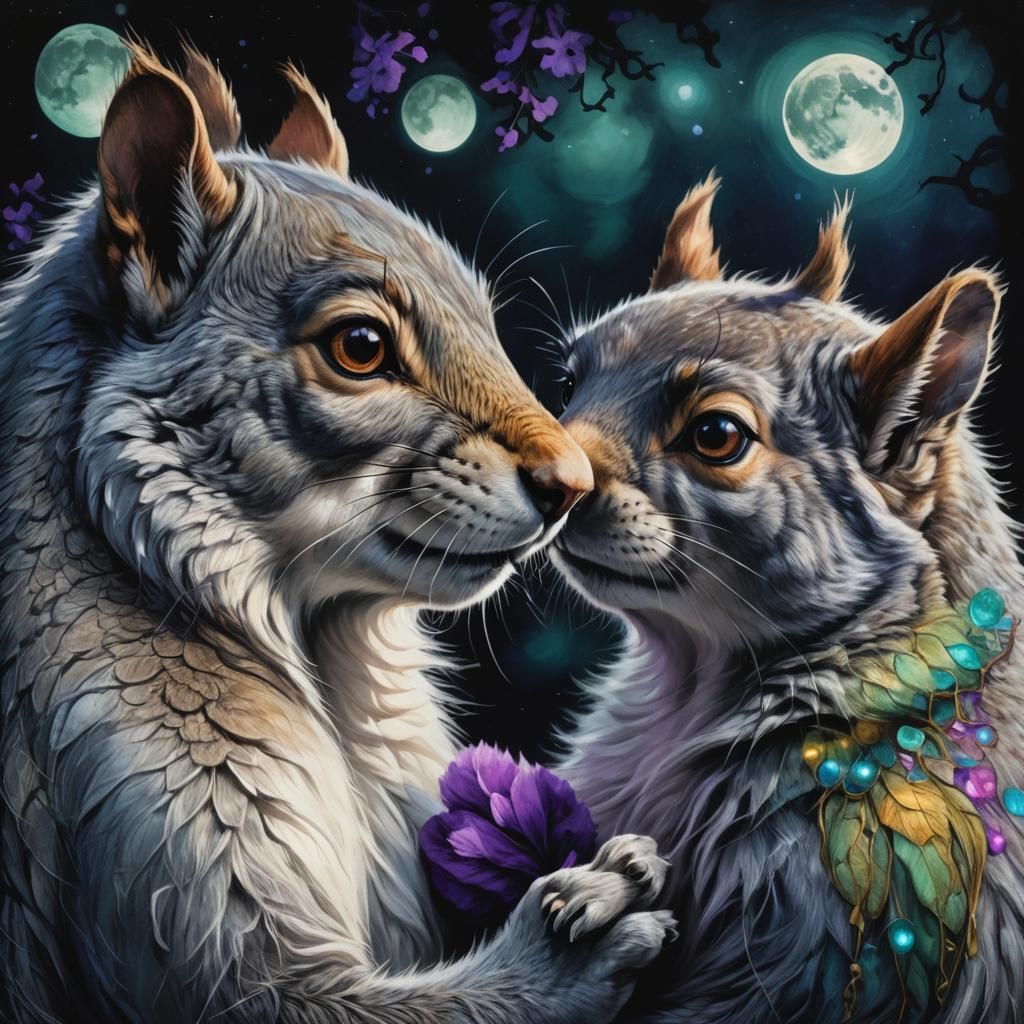 Squirrel and Wolf with Moon in Magical Realism