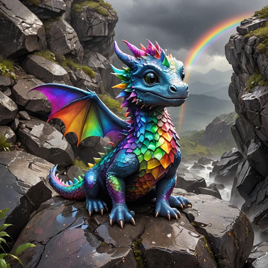 Adorable Baby Dragon with Rainbow Wings in Rain