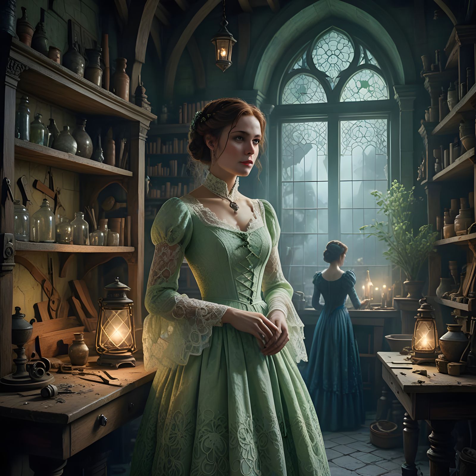 Ghostly Woman in Victorian Dress, Ethereal Digital Painting