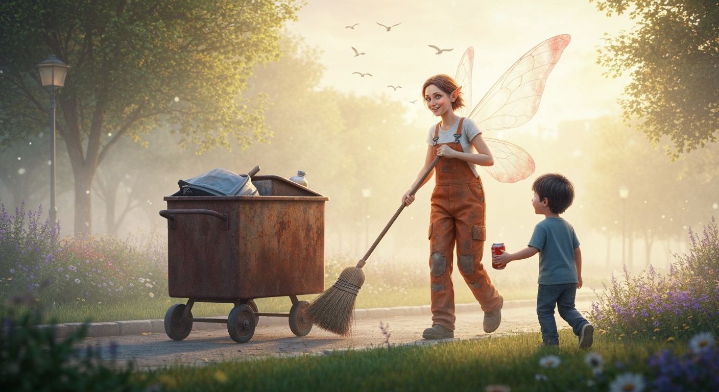Garbage Collector Fairy in a Misty Park at Dawn