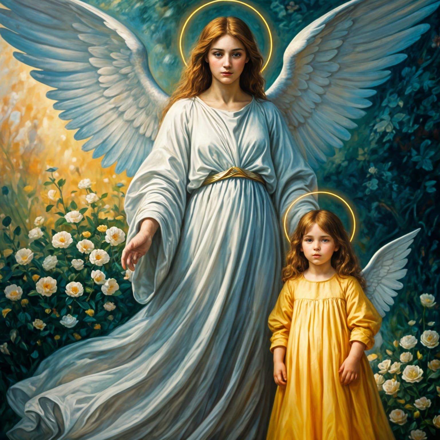 Mournful Angel Tenderly Guards Innocent Child in Soft Impres...