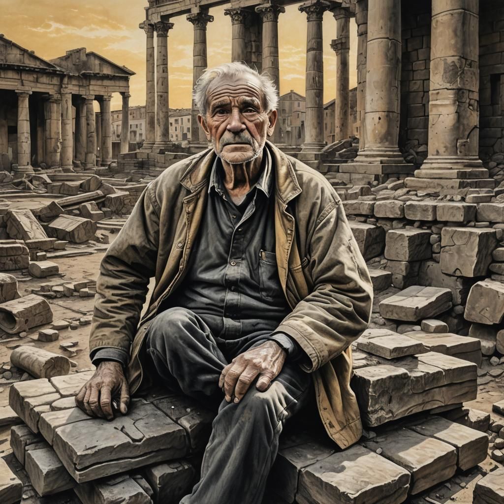 Hyperdetailed Charcoal Drawing of Roman Construction Worker