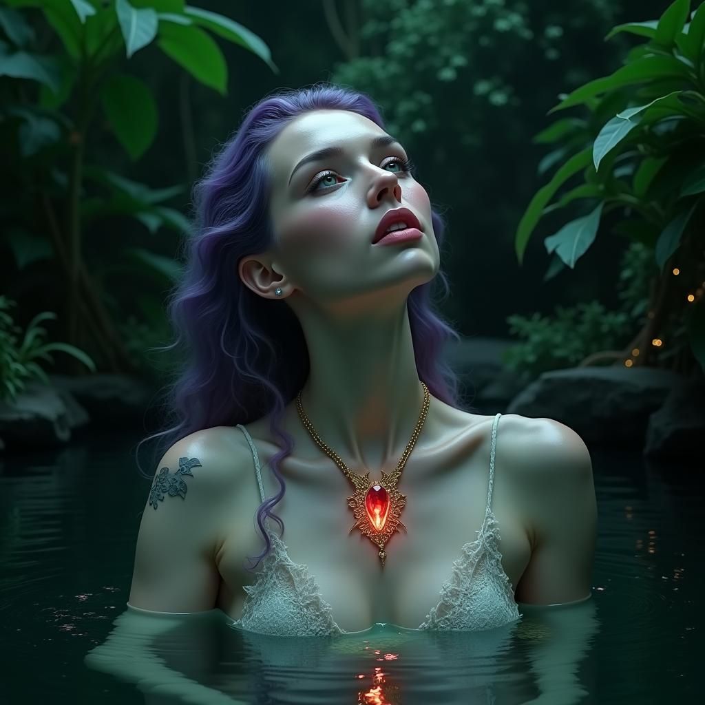 Ethereal Woman with Purple Hair in Dark Pool