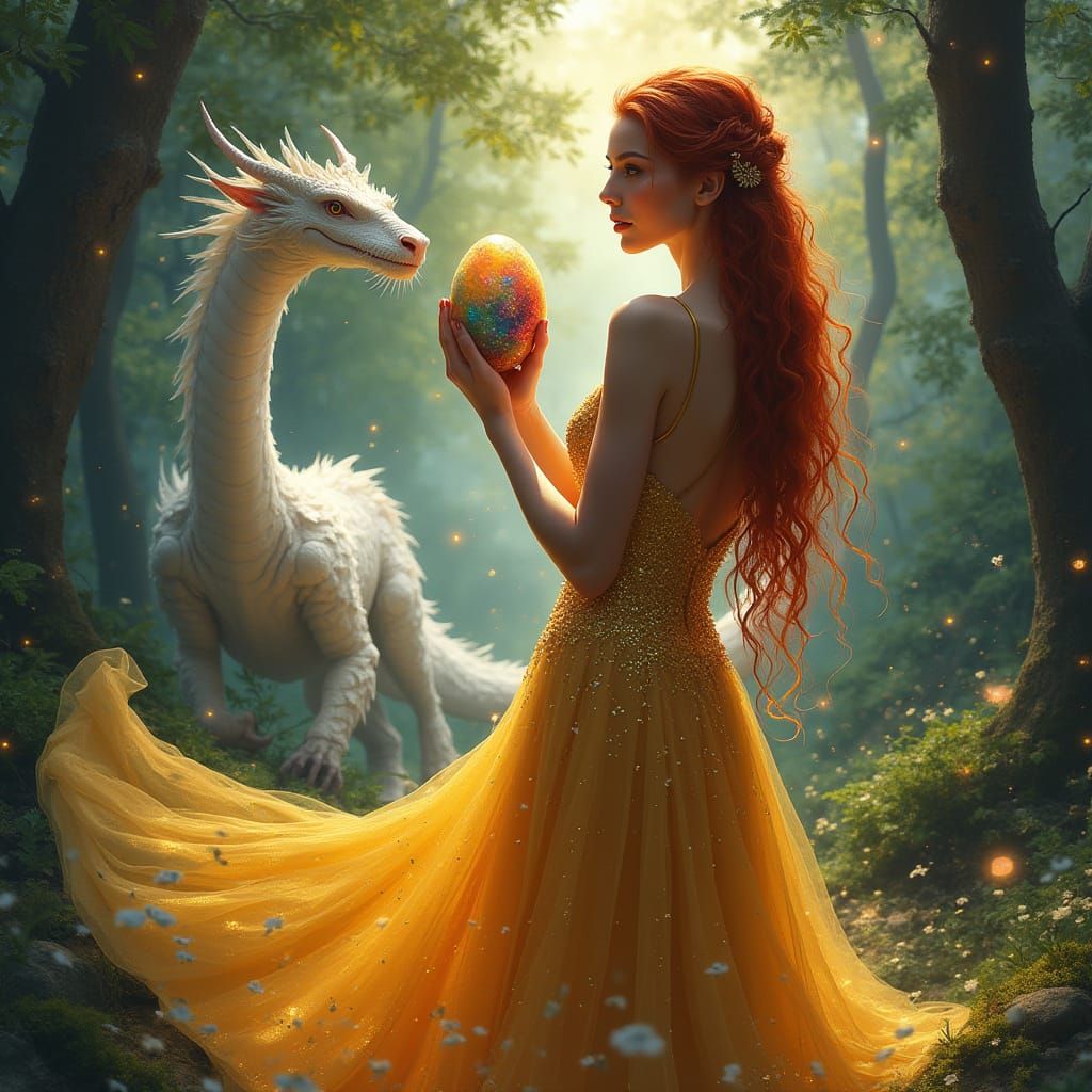 Elegant Woman Holds Dragon Egg in Enchanted Forest