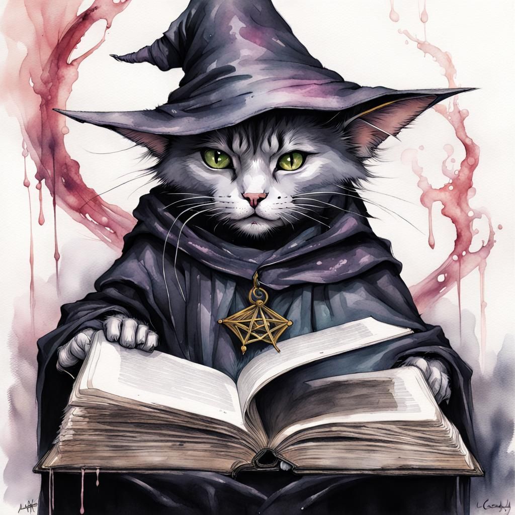 Anthropomorphic Wizard Cat Reading Necronomicon, Watercolour...