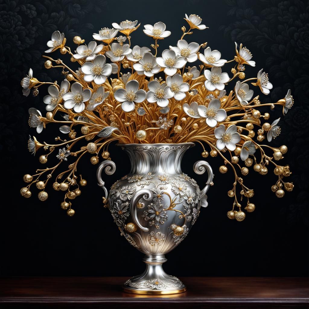 Silver Metallic Cherry Blossoms Still Life