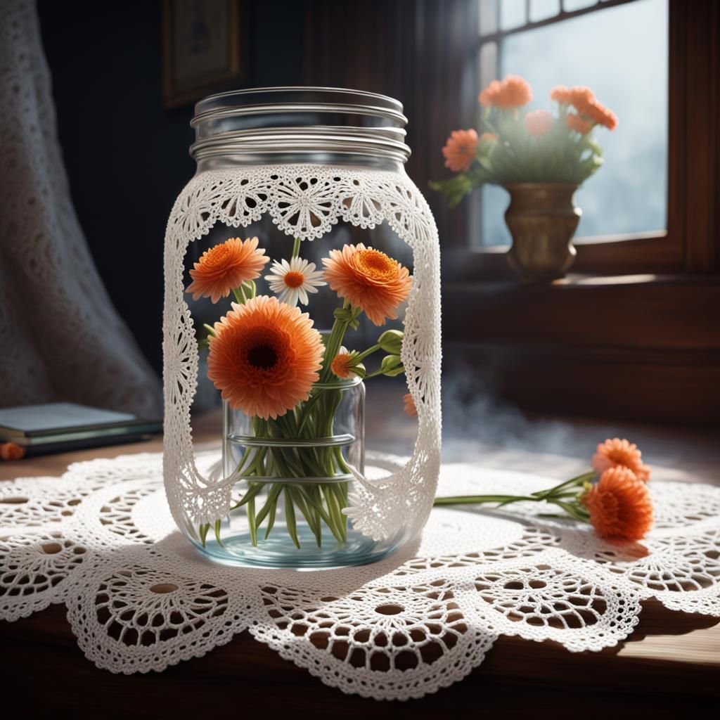Hyperrealistic Crochet Mason Jar with Flowers