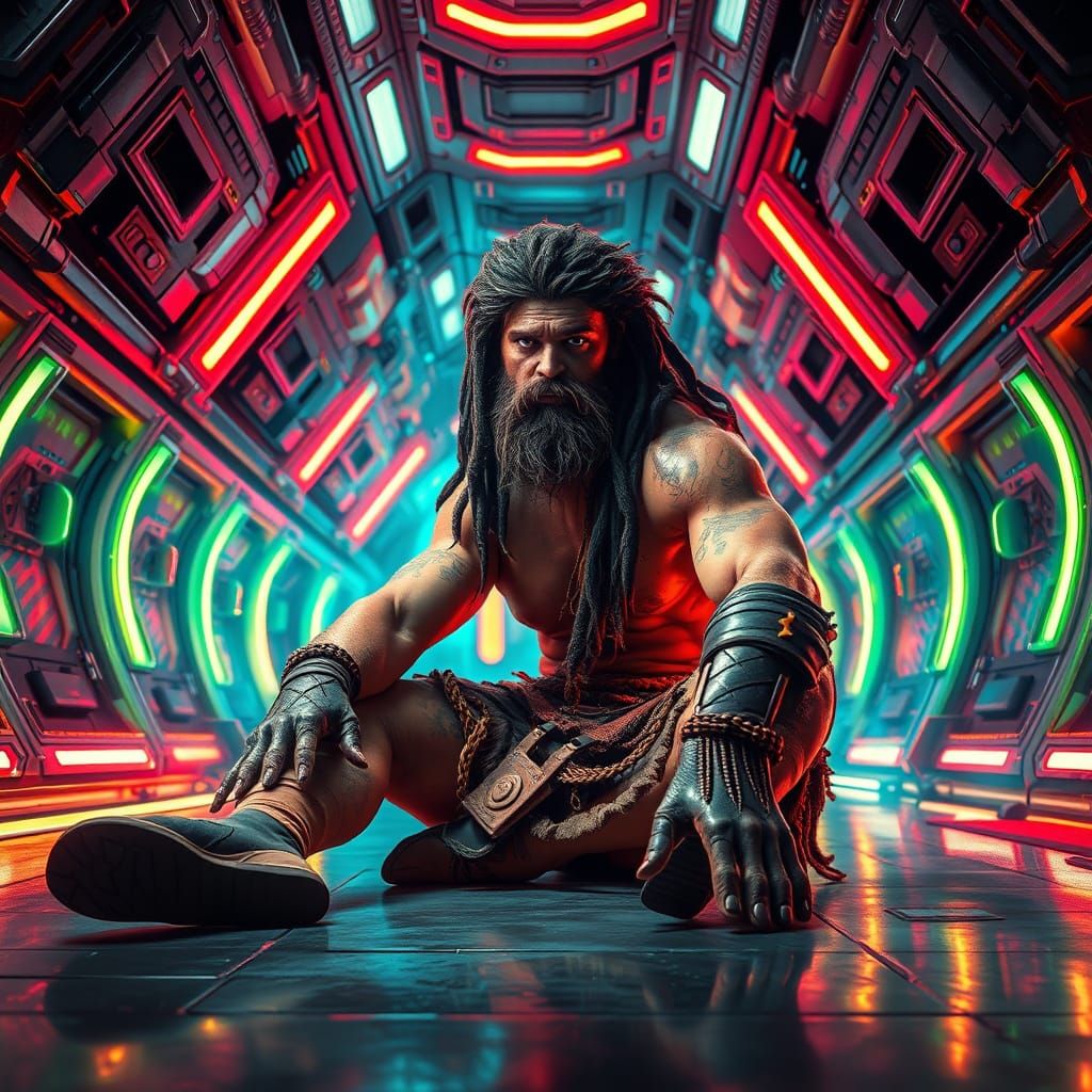 Caveman in Spaceship with Neon Lights
