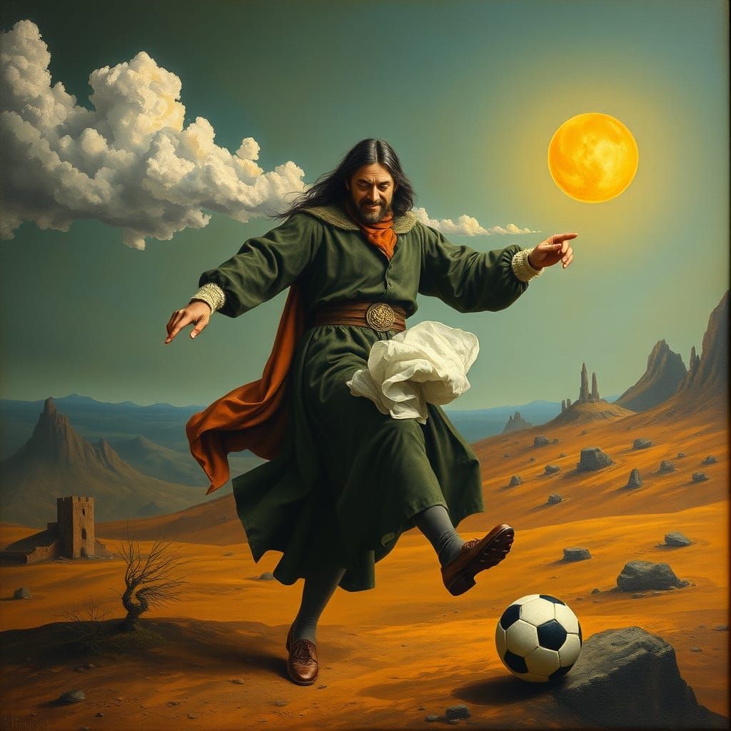 Dante Alighieri Kicks a Glowing Soccer Ball in a Surreal Lan...