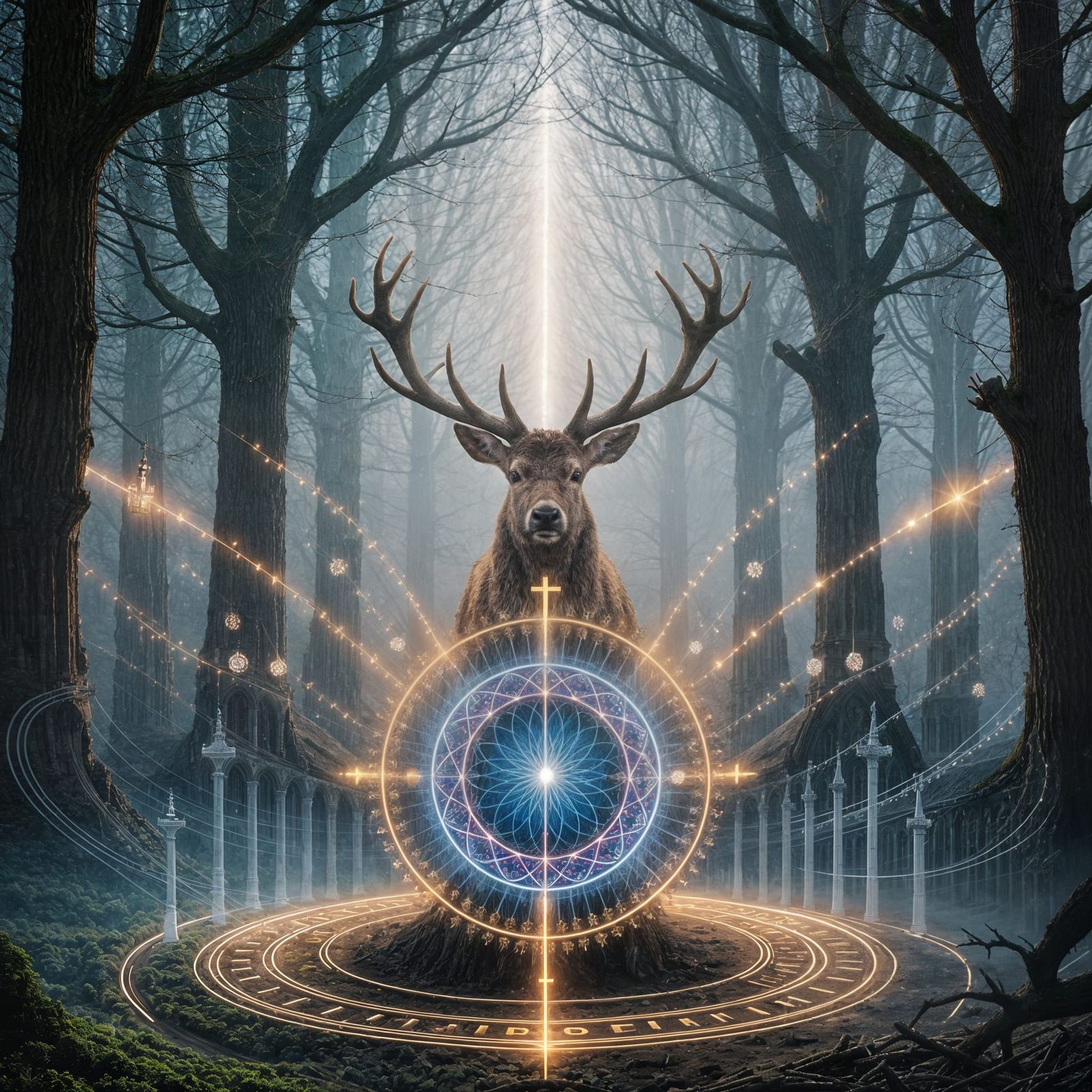 Majestic Stag in Mist-Shrouded Forest Cathedral