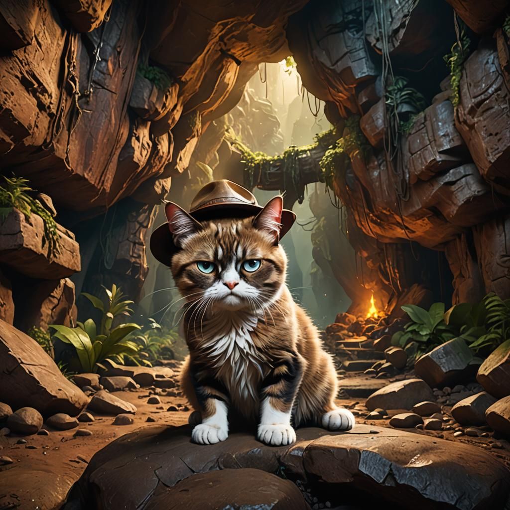 Grumpy Cat as Indiana Jones in Cave