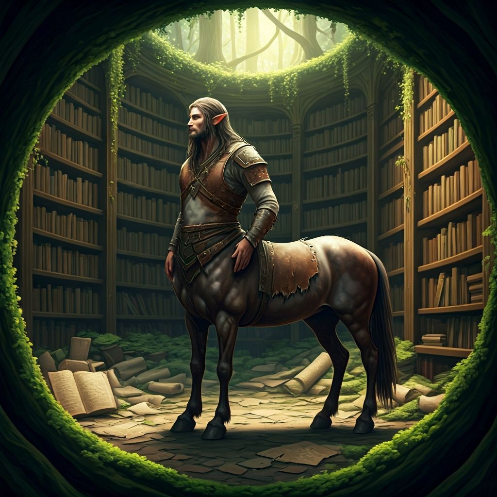 Centaur Guarding Ancient Forest Library in Fantasy Style