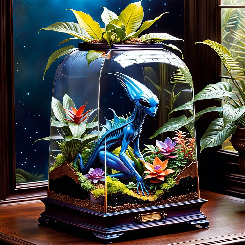 Alien Terrarium with Blue Figure, Fantasy Art