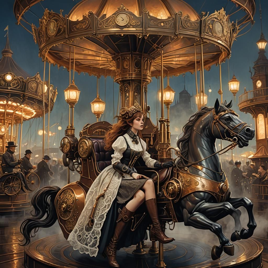 Steampunk Girl on Carousel in Dreamy Moonlight