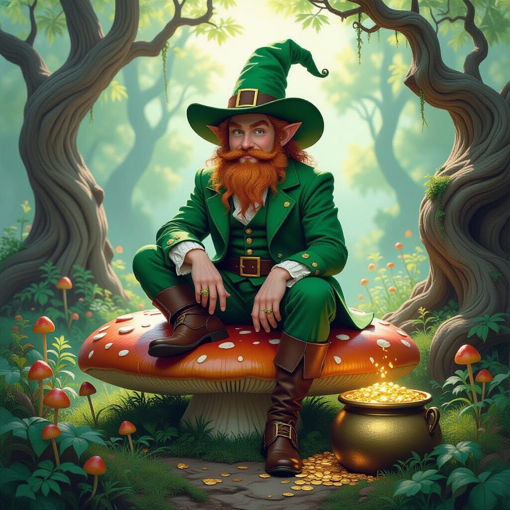 Leprechaun in Enchanted Forest with Pot of Gold
