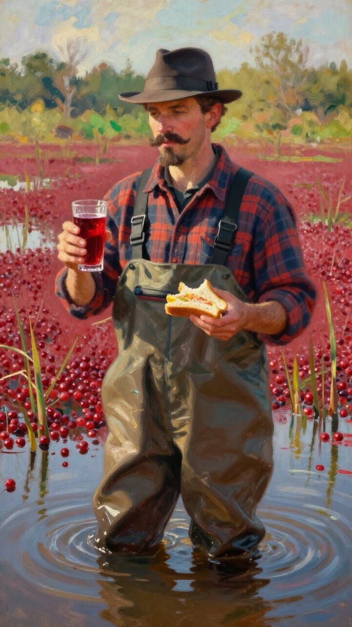 Gentleman Enjoys Cranberry Juice in Flooded Pond