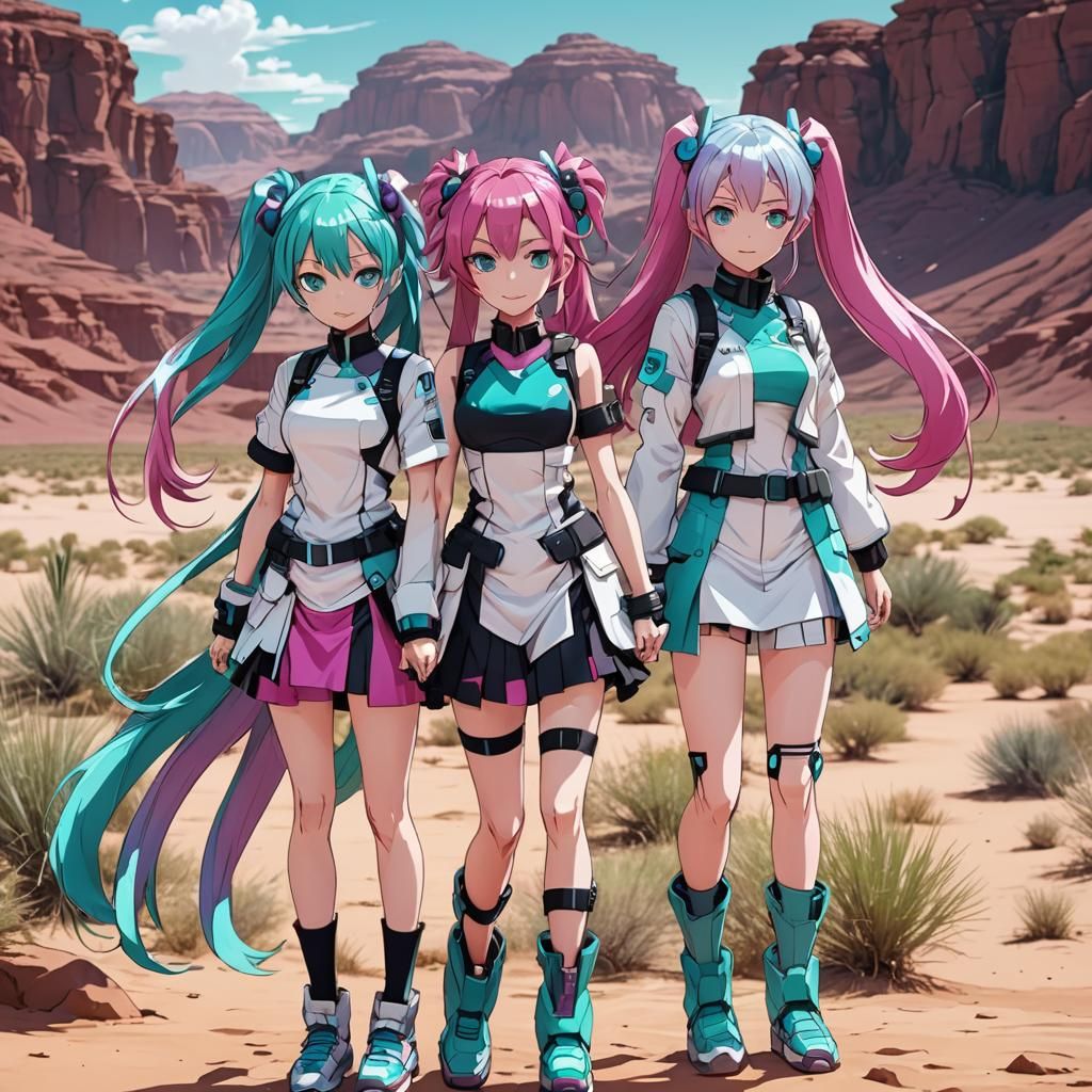Anime Waifus in Futuristic Desert Oasis