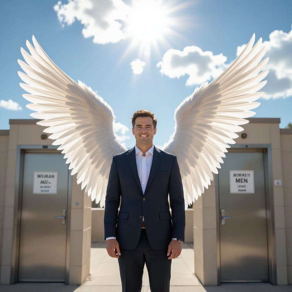 Charlie Kirk with Angel Wings Before Public Restrooms