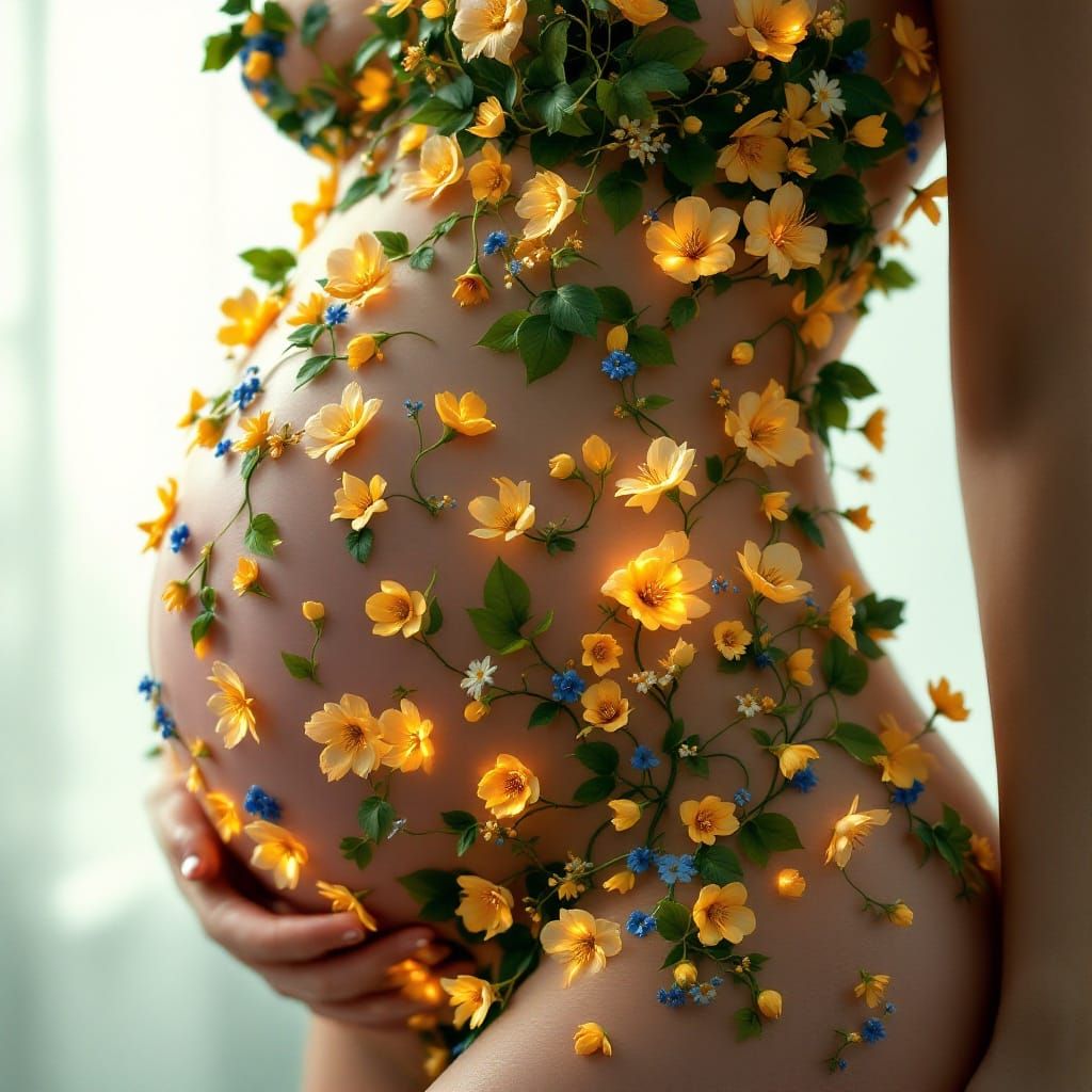 Hyper-Realistic Floral Abdomen Portrait in Dreamlike Serenit...