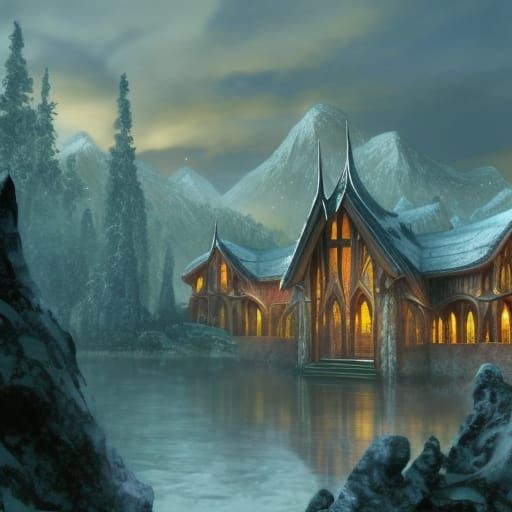 Snowy Elven City with Glowing Windows