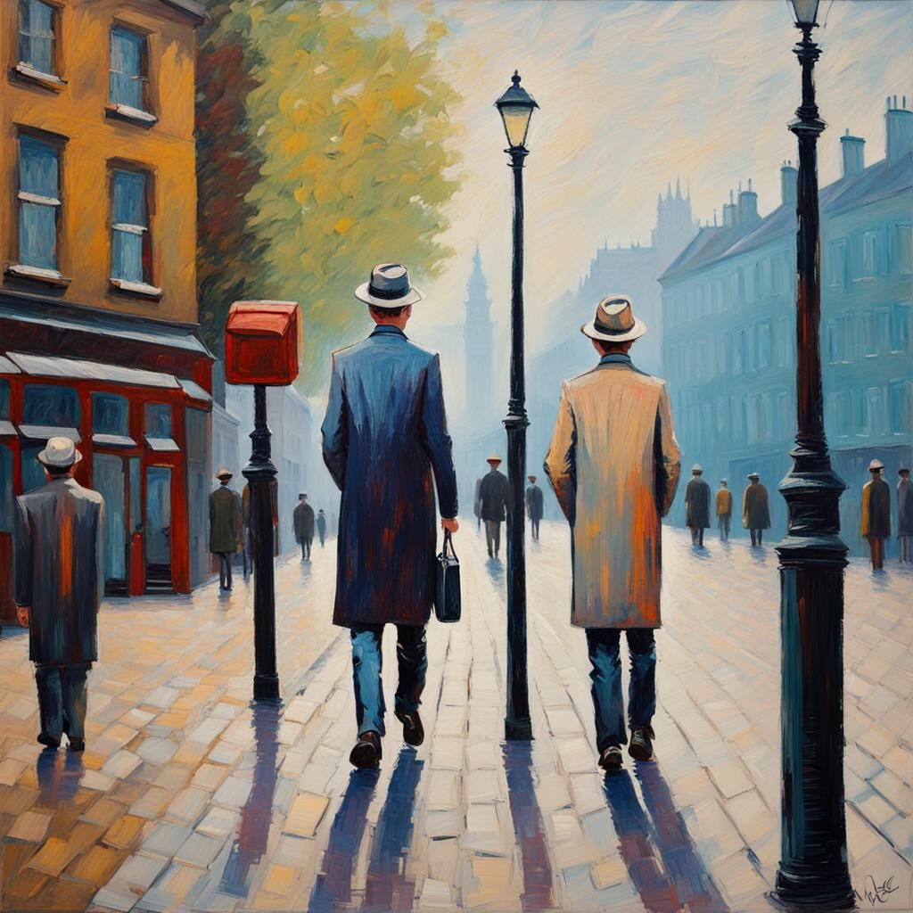 Men Walking in London Street, Expressionist Oil Painting