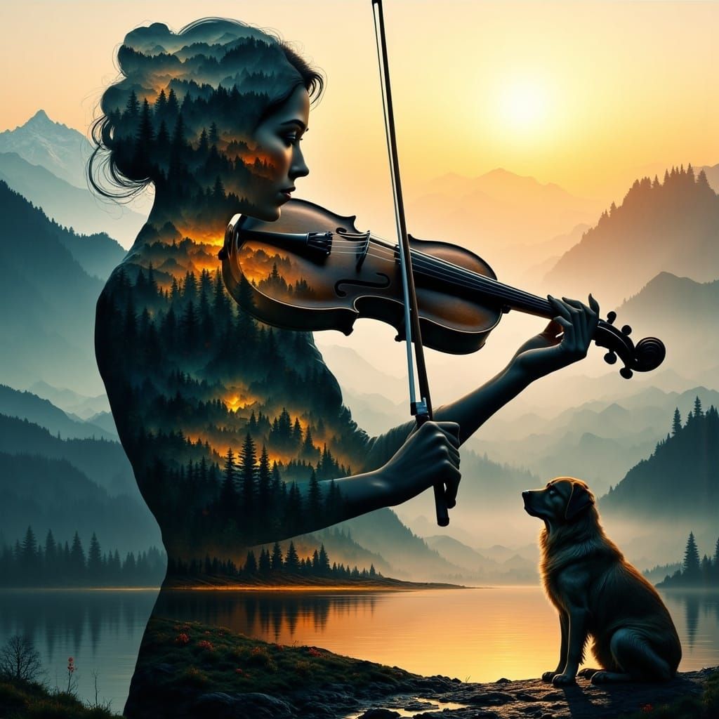 Ethereal Double Exposure of Violinist in Mountain Paradise