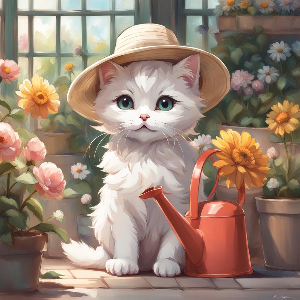 Chibi White Cat in Greenhouse Garden Sketch