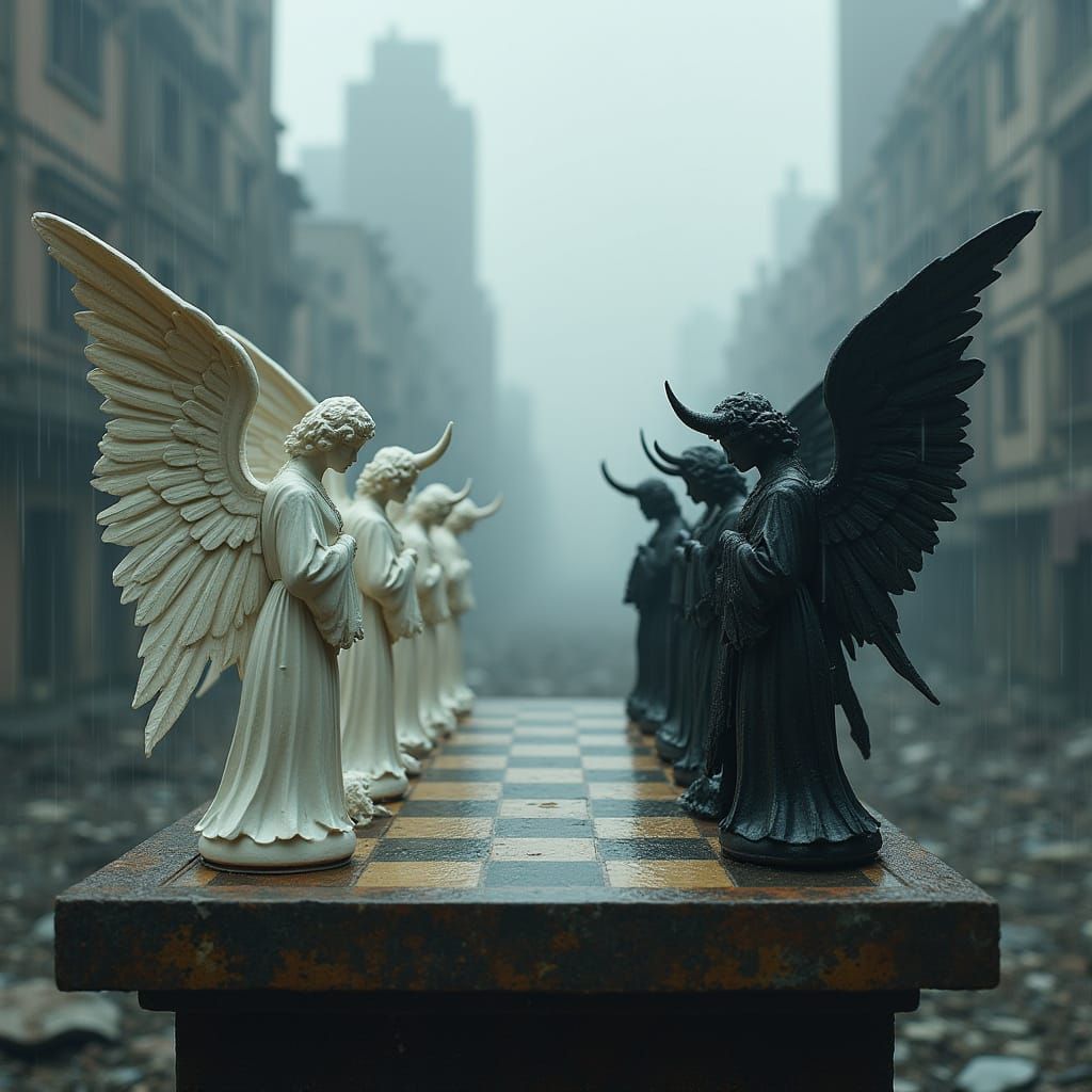 Angel Warriors Clash with Dark Forces on a Weathered Chessbo...