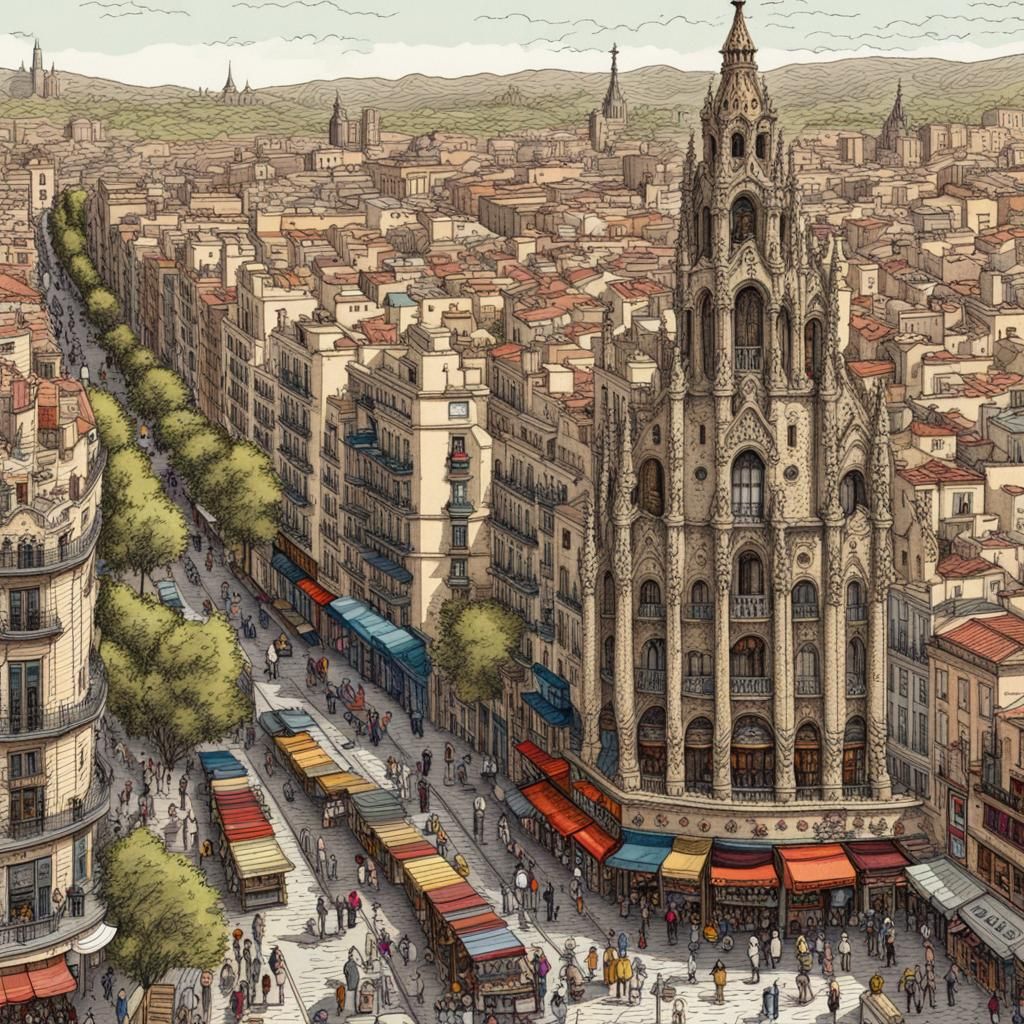 The Ramblas in Barcelona: Pen and Ink Illustration