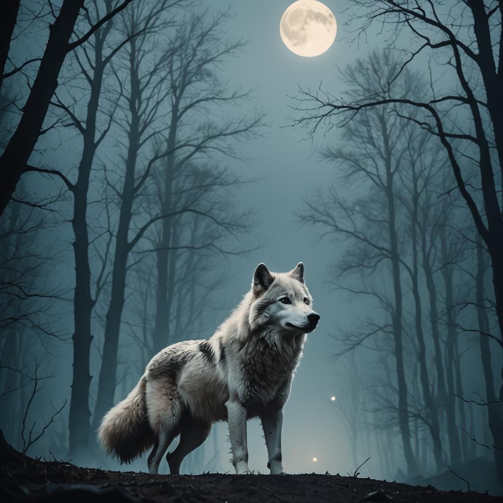 White Wolf Crossing Before a Blue Moon