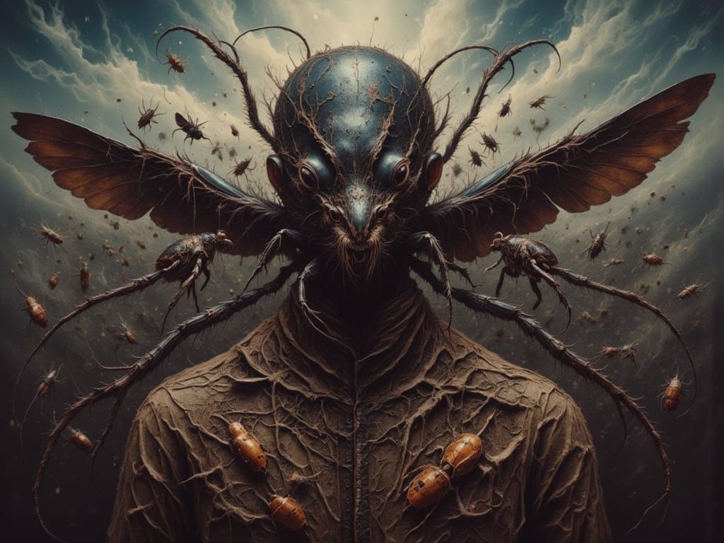 Exterminator Faces Beetle Court in Hyperdetailed Concept Art