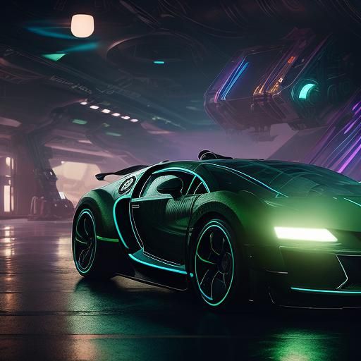 Robot Racer in Futuristic Bugatti: Neon Space Art