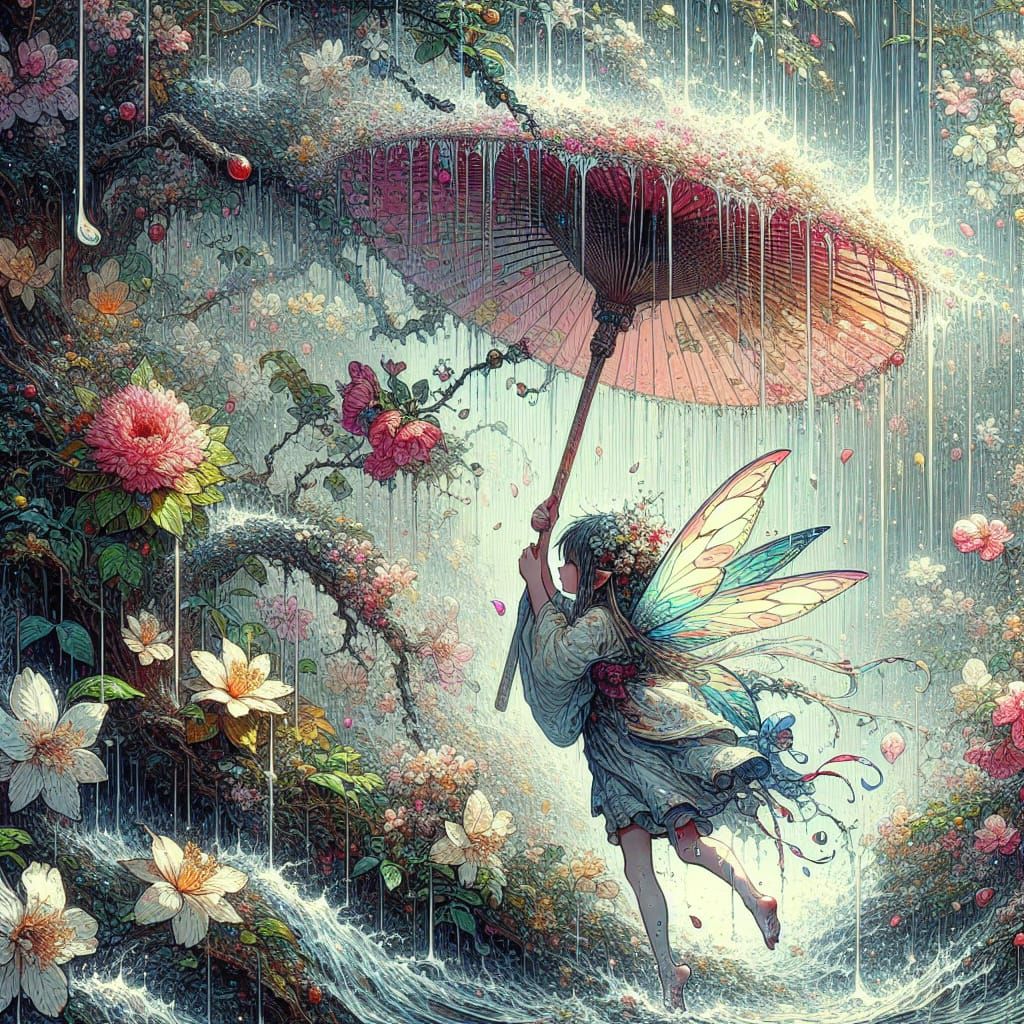 Fairy Seeks Shelter in Rain, Ukiyo-e Style