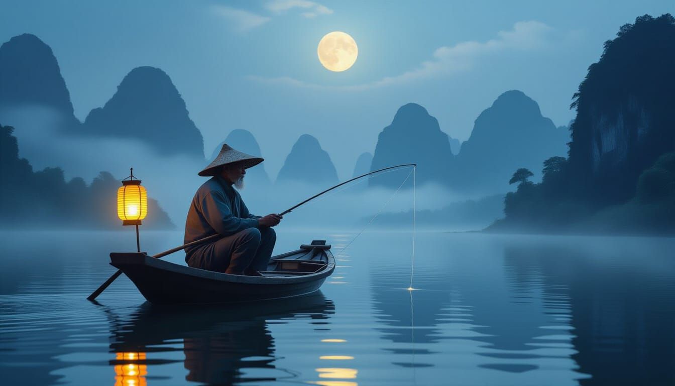Photorealistic Fisherman on Moonlit Sampan