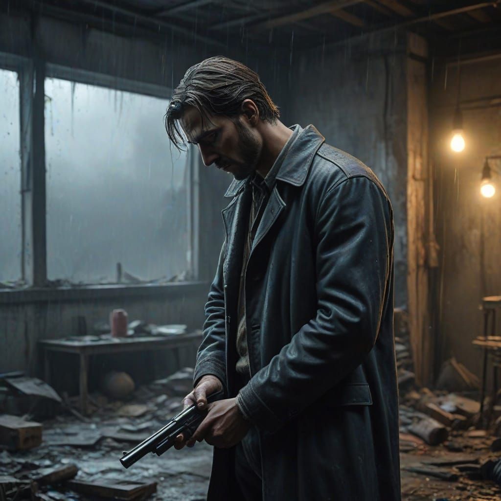 Man in Despair with Pistol in Dark Photo Studio