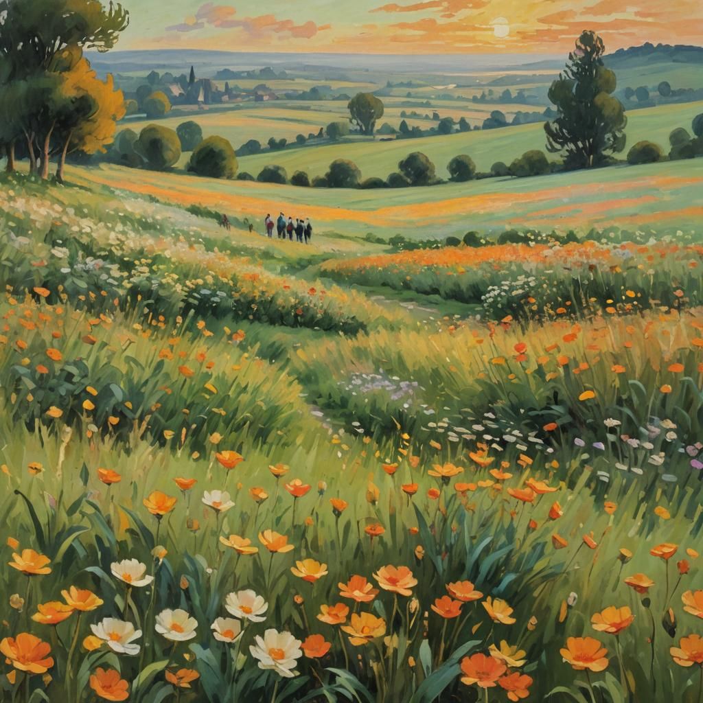 Impressionist Meadow Landscape with Sunset