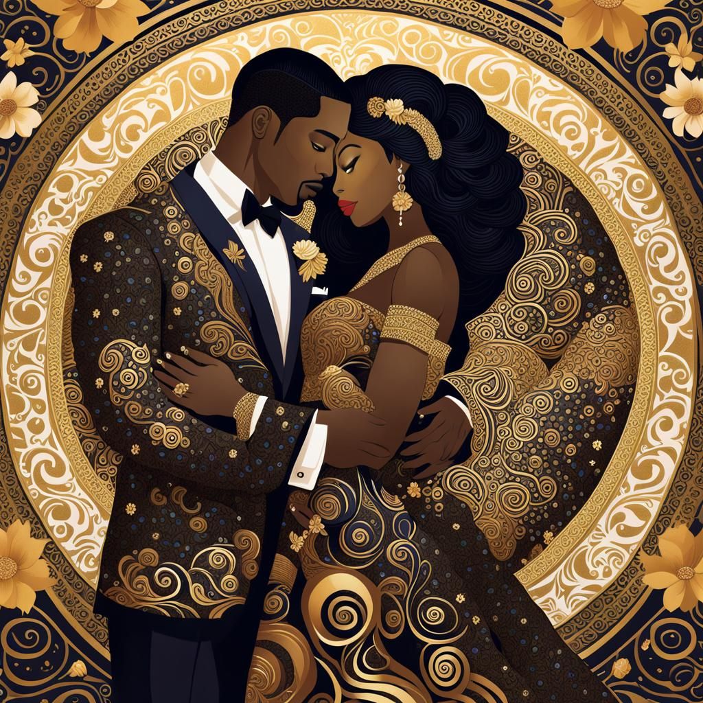 Elegant African American Couple in Klimt-Inspired Illustrati...