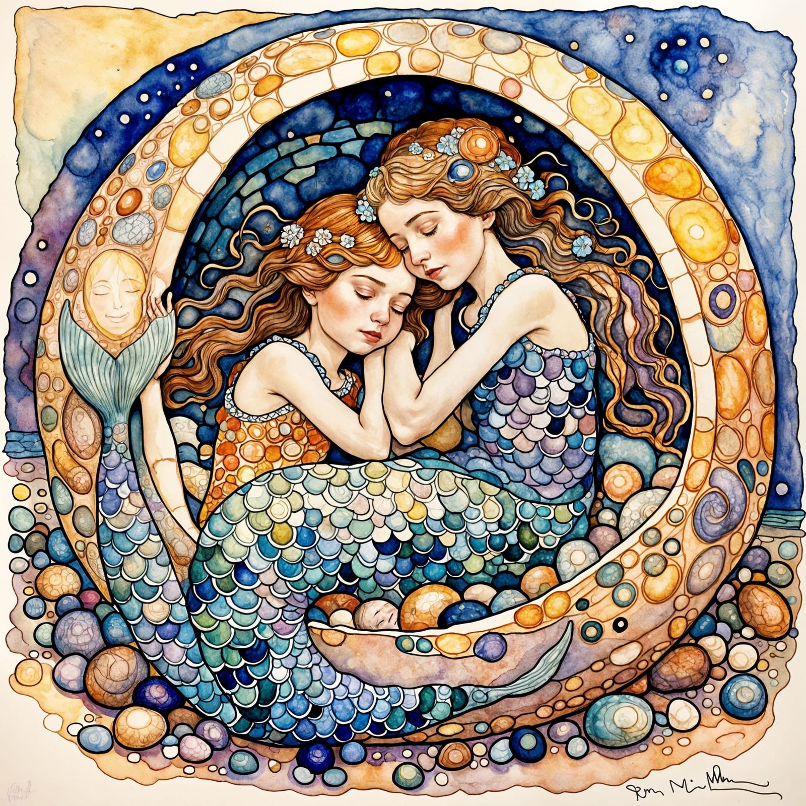 Victorian Mermaids Asleep in Shell, Detailed Watercolor