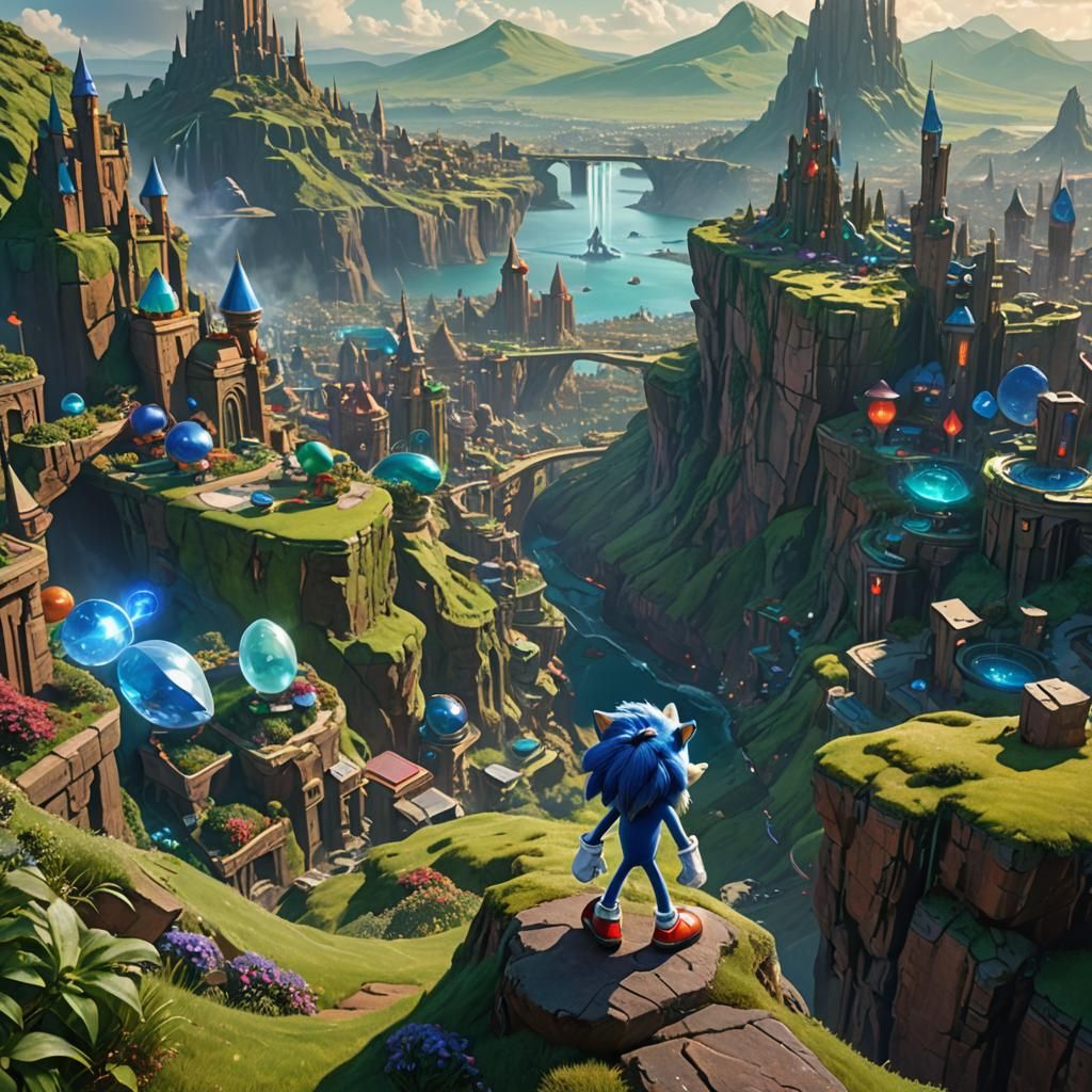 Sonic the Hedgehog Overlooking Fantasy City, Matte Painting