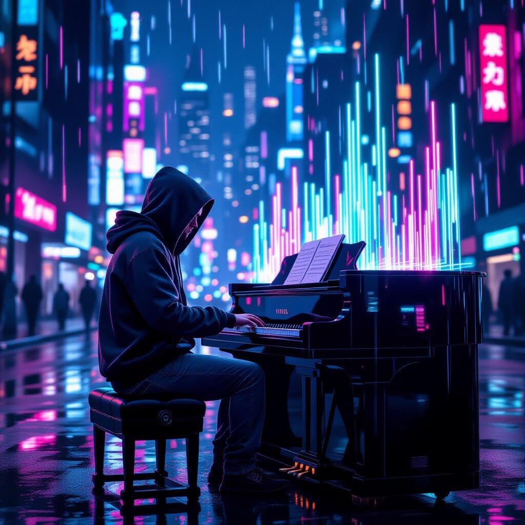 Cyberpunk Pianist in Neon Cityscape